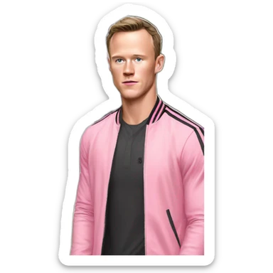 Jonathan Toews standing in front of pink mansion sticker