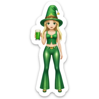 Blonde haired girl in glittery green bell bottoms and tall leprechaun hat holding a green beer sticker