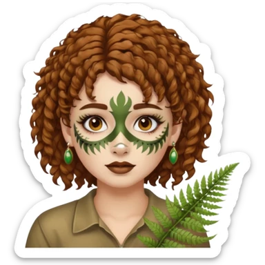 portrait woman short curly brown mullet hair brown eyes white skin with fern face paint and nose ring sticker
