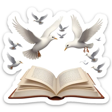 Icon for Poetry Reading: an open book with flowing verses, with pages transforming into a flock of white birds flying away. The icon should evoke the beauty, freedom, and emotional depth of poetry. Transparent background. sticker