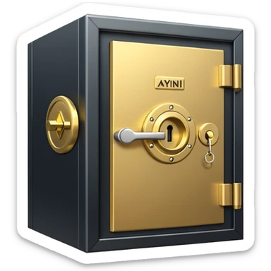 A secure vault door with the AYNI Gold logo at its center lock, glowing subtly. Flat design, metallic gold tones, black background, small “AYNI Gold” tag on the lower edge sticker