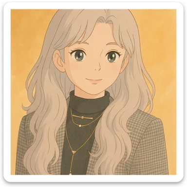 Turn this woman into a Ghibli style character with soft colors, gentle expression, detailed hair, warm background, anime-inspired, elegant outfit. sticker