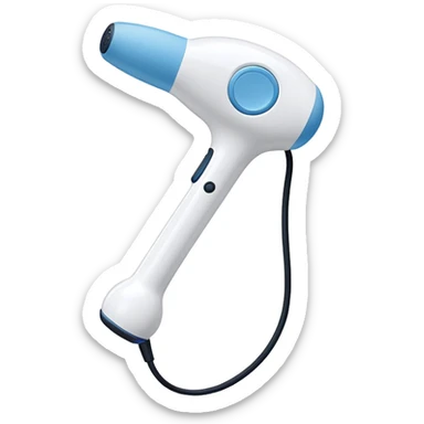 a white handheld massager with a rounded, padded head and a long handle. The handle features a blue accent area with a small black switch in the center, and a cord emerging from the bottom. The head is slightly larger than the handle and attached with a short blue neck sticker