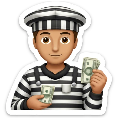 A thief wearing a prisoner's clothes and a prisoner's hat and has money in his hand sticker