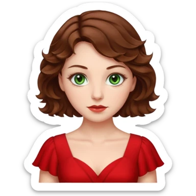 Green eyes,mi-short brown wavy hair,white skin tone,wearing red dress sticker