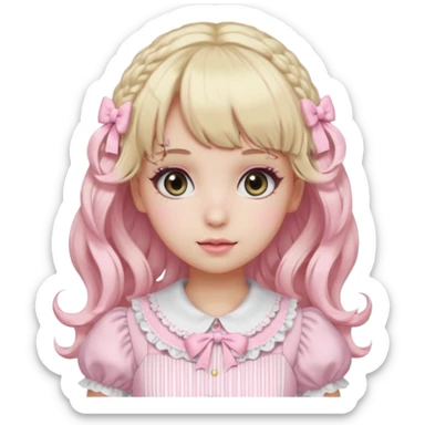 pale girl, curly blonde and baby pink hair, bangs, grey eyes, doll makeup, light pink lolita hime gyaru dress, emoji style sticker
