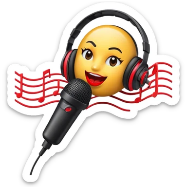 Create a dynamic and energetic emoji that represents beatboxing. The design should feature a stylized microphone with lips and sound waves emanating from it, symbolizing vocal percussion and rhythm. Add elements like headphones or a subtle speaker to emphasize the music production aspect. Use bold colors like black, white, and red to convey the intensity and creativity of beatboxing. The background should be transparent. sticker