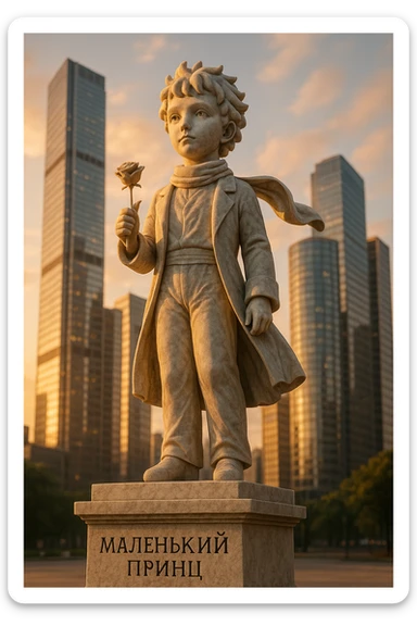A marble statue of the Little Prince with a rose in his hand, placed in a modern cityscape. The pedestal inscription reads 'Маленький принц'. Ultra-realism, sunset, low-angle perspective. sticker