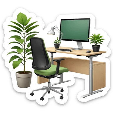 An ergonomic office setup with a height-adjustable desk and a large flat monitor on top. Next to it, a modern ergonomic swivel chair with supportive backrest, and a small potted plant placed on the desk or floor to add a healthy touch sticker