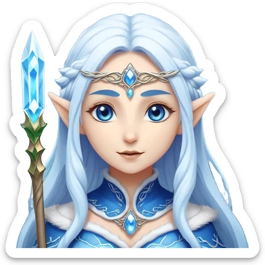 Legendary fantasy Christmas elf portrait icon, Santa Claus and Snow Maiden inspired, ancient winter spirit style, long flowing white-blue hair, glowing frost eyes, crystal staff, elegant elven features, divine winter magic aura, icy silver color palette, highly detailed but clean emoji icon sticker