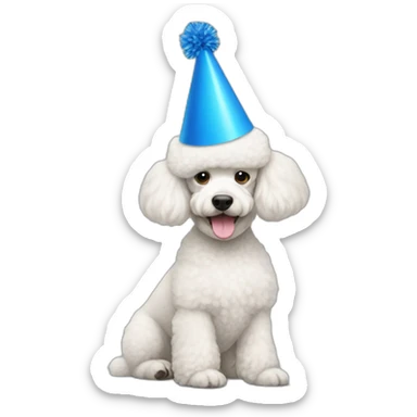 White poodle wearing a blue party hat sticker
