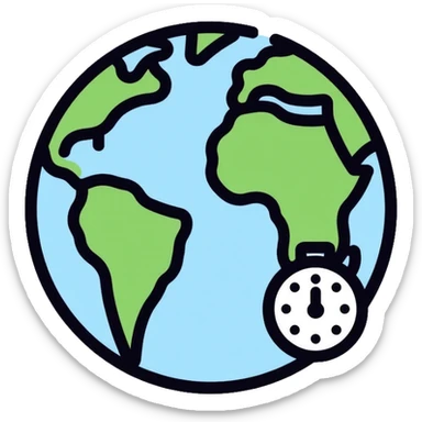 Earth globe with a small clock in the bottom corner, timezone icon sticker