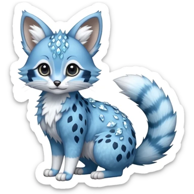 Hyper realistic  glacier-blue fur edged in frost-crystal lace and diamond sparkle dust beautiful elegant pretty precious cute  Fakémon-Pokémon-opossum-feline-serval-caracal-chinchilla-Furret-Minccino-hybrid-creature with a big fluffy bushy tail (full body) sticker