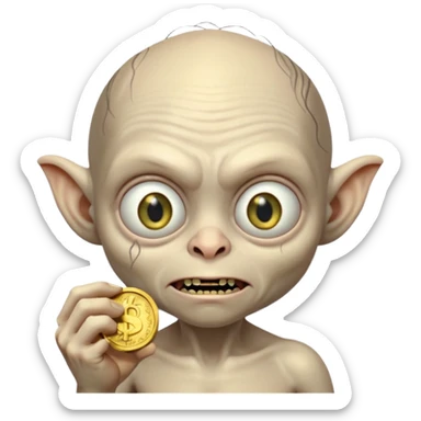 Gollum with big eyes holding a coin sticker