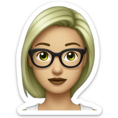 une fille avec de long cheveux noir lisse , des yeux vert , et avec des lunette (en forme de carrer un peu déformé) assez grosse comparer a ça tête , portant un pull noir sticker