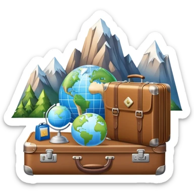 An icon featuring a suitcase, a hotel bell, and a globe, symbolizing tourism and hospitality. The design includes a scenic landmark, like a mountain or beach, and a check-in desk, representing travel and accommodation services. Transparent background sticker