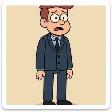 boy in a blue and black suit, standing, simple background, cartoon style sticker