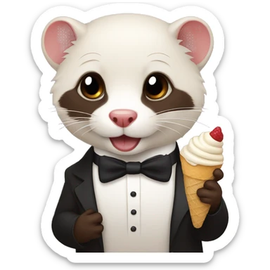 A ferret wearing a tuxedo eating chocolate ice cream sticker