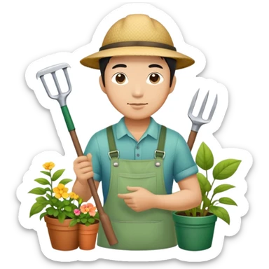 Asian gardener named Yong with gardening tools sticker