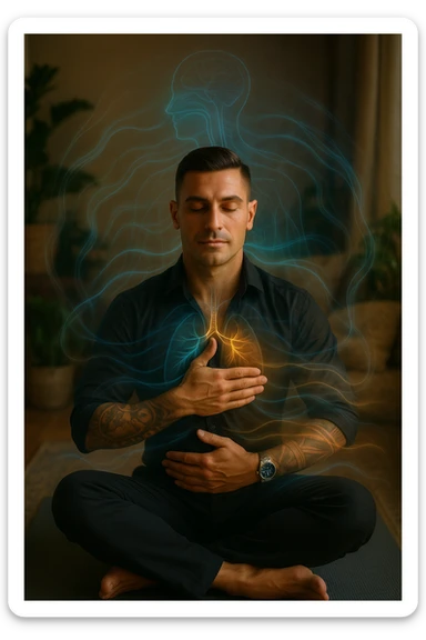 A highly realistic, cinematic portrait of a man in his early 30s with a calm, focused expression, sitting cross-legged on a yoga mat in a softly lit, peaceful room with warm, natural light. His eyes are gently closed as he practices slow, deep breathing, with one hand on his chest and the other on his abdomen, visibly rising and falling, symbolizing diaphragmatic breathing. Subtle blue and warm golden light waves gently swirl around him, visually representing the calming of anxiety, stress, and depressive thoughts. His posture is upright but relaxed, with relaxed shoulders and a slight serene smile on his lips, showing emotional relief and inner calm. The background has green plants and soft textures, evoking a peaceful and healing environment. The style is 35mm hyperrealistic photography with soft depth of field, focusing on his peaceful face and breathing posture, while faint overlays of nervous system diagrams and gentle energy waves hint at the healing power of conscious breathing on the mind and body sticker