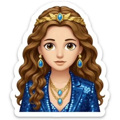 Hera from Greek Mythology with long brown wavy hair, blue sequin suit jacket sticker