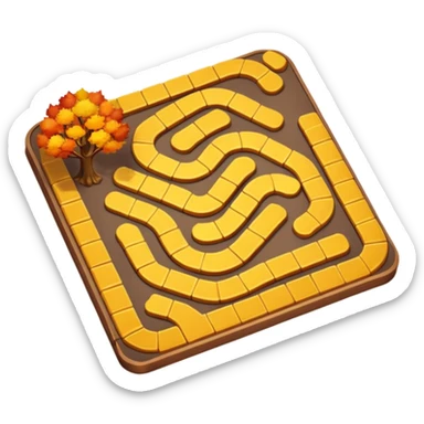 Create a cozy 3D cartoon board game path in warm autumn style. The path consists of 20 golden tiles in a winding S-shaped layout.  sticker