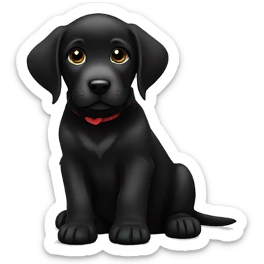 sitting black labrador puppy is holding a heart sticker