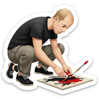 Jackson pollock the abstract artist leaning over to flick black white and red paint from a brush onto a canvas at his feet on the ground sticker