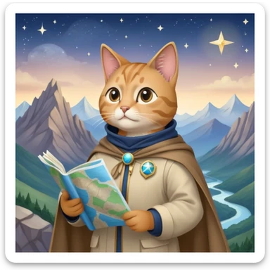 Explorer cat holding a map, mountains and stars in background, wearing light explorer clothing with flowing cloak, looking into distance sticker