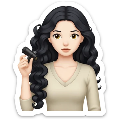 pale skinned woman with long black hair curling her hair, getting ready sticker