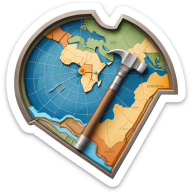 An icon featuring a crowbar and a geological map, and layers of Earth’s crust, symbolizing geology. The design includes mineral samples, fossils, and tectonic plates, representing the study of Earth’s structure and natural processes. Transparent background highlights geological exploration sticker