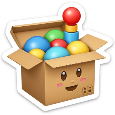 cardboard box with toys, sticker