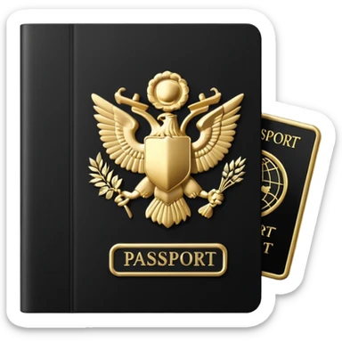 Minimal emoji icon of a black passport, matte cover, simple gold emblem, clean lighting sticker