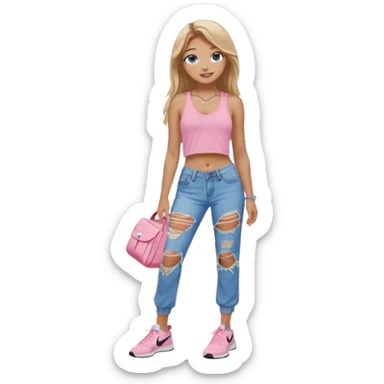 preppy teenage girl, blue eyes, tan, less blonde highlights, brown long hair, long eyelashes, beach aesthetic, wearing cute clothes, wearing ripped blue longer baggy jeans with a light pink sexy revealing low neck crop top, wearing Nike shoes, very sexy, very long eyelashes, very pretty sticker