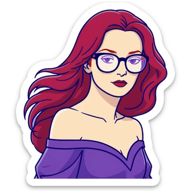 Woman with long red hair flowing wearing glasses and in purple clothing bare shoulders looking like a raven in her early 50’s sticker
