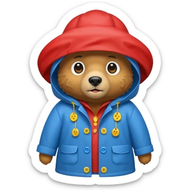 A bear in a red rain hat and a blue raincoat with yellow buttons down the middle sticker