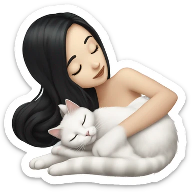A pretty white girl with very long black hair and sleeping curled up to a white cat  sticker
