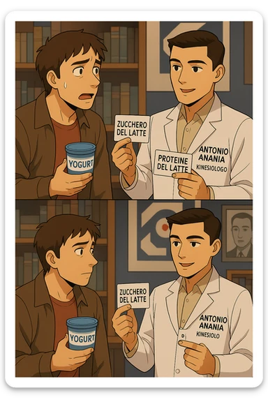 fai un webtoon manga a colori con questo stile, in cui un uomo fa una domanda al kinesiologo con il camice bianco (fagli anche la scritta "ANTONIO ANANIA" SUL CAMICE, l'uomo chiede una cosa mostrando un formaggio e uno yogurt al kinesiologo con il camice, IL KINESIOLOGO annuisce e SPIEGA ALL'UOMO UNA cos. L'UOMO ha un ESPRESSIONE CONFUSA IN VOLTO. non fare i fumetti però, fai solo in modo che sembri stiano parlando sticker