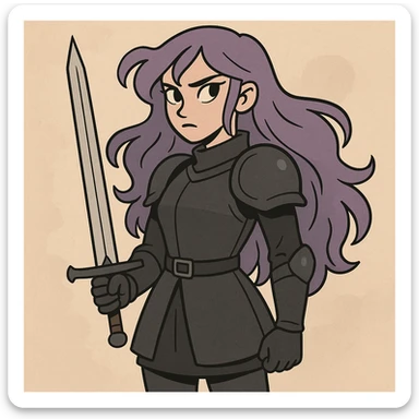 A mysterious warrior girl with flowing purple hair, dressed in black armor, standing with a sword, anime-inspired style. sticker