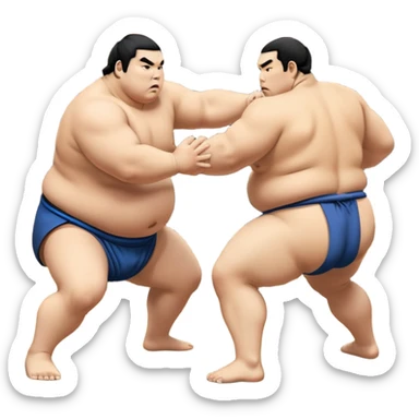 Two sumo wrestlers in a classic dohyo ring, each displaying powerful stances and ready to engage in a fierce match. One wrestler attempts a pushing attack, while the other counters with a thrust. The background shows the traditional sumo arena and spectators. Transparent background highlights the intensity and tradition of sumo wrestling. sticker