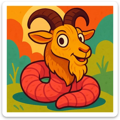 fantasy animal with goat's head and beard, coiled worm body, subtle fur texture, expressive eyes, vibrant toon style sticker