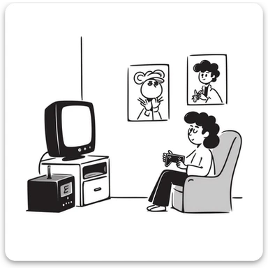 A retro gamer room with pixel posters and a console hooked to a tube TV sticker