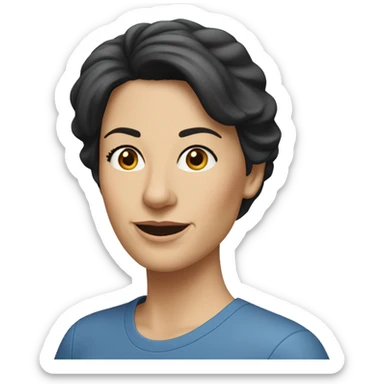 A head and shoulders shot of a 50 year old caucasian woman with short black hair wearing a tshirt. sticker