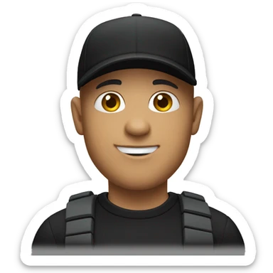 bald man pointing in front wearing a black cap and black polo sticker