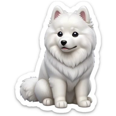 cinematic-[samoyed]-realistic-full-body-sitting-emoji,-tail-resting-loosely-beside-its-paws,-head-tilted-dramatically, -fluffy-[white]-fur,-simplified-yet-realistic-focused-features,-highly-detailed,-glowing-with-an-almost-sarcastic-glow sticker