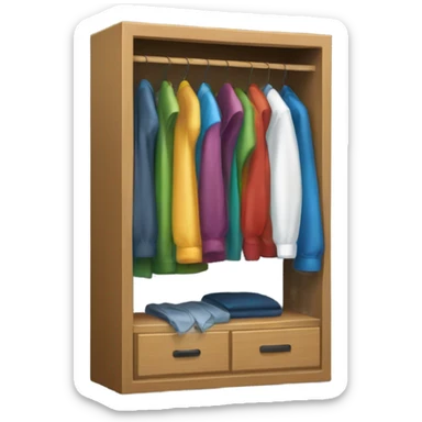 Design an emoji-style icon of an open wardrobe with clothes hanging inside. Include details like a wooden frame, hangers, and colorful clothing items such as shirts or any other clothing . Use a clean and minimalistic design. sticker