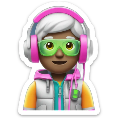Playmobil wearing neon light clothes, having headphones sticker