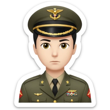 short black neat hair, sharp dark gray eyes, pale skin, serious expression, wearing military uniform, upright posture, minimal accessories, sharp and precise style. Man sticker