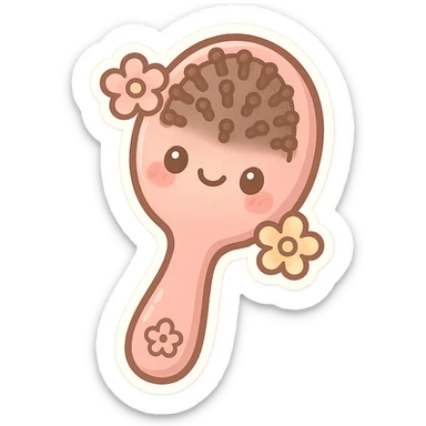 chibi sticker-style hairbrush with a pink handle, floral details, girly, cute and exaggerated sticker