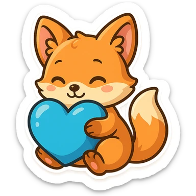 a sweet fox cuddling a brilliant blue heart, charming and vivid sticker